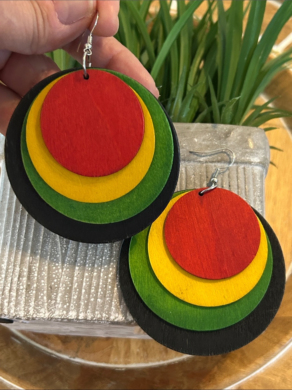 Color-Block Layered Disc Earrings in Red, Yellow, Green, Black Rasta colors